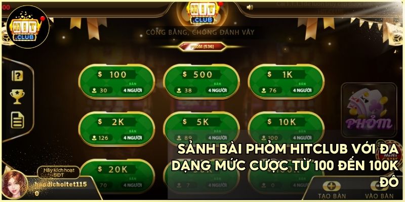 Giao diện sảnh cược bài Phỏm HitClub đa dạng mức cược